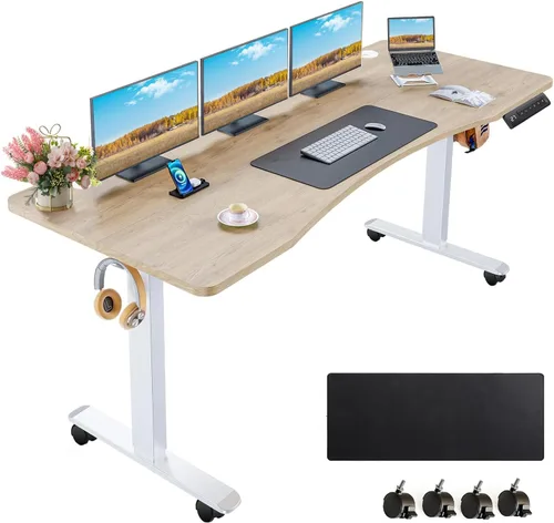 Vista 10 de Escritorio eléctrico curvado de pie de 63 x 24 pulgadas, altura ajustable, ergonómico, escritorio para oficina en casa, computadora, escritorio