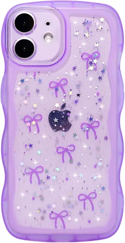 Vista 69 de Qokey para iPhone 14 Plus Funda de 6.7" con diseño de borde ondulado rizado, transparente, con purpurina, brillo, estrellas, brillante, lindo
