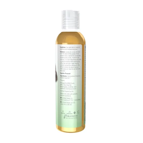 Vista 2 de NOW Solutions, Jojoba orgánica, aceite hidratante multiusos para cara, cabello y cuerpo, 8 onzas