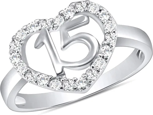 Jewelry by Debbie - Anillo de plata de ley 925, diseño de corazón de Quinceañera, chapado en rodio