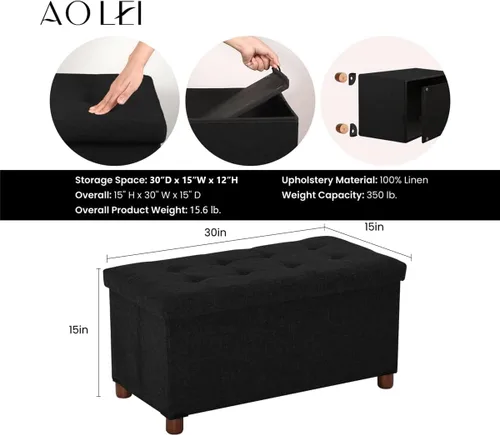 Vista 48 de Banco otomano de almacenamiento de 30 pulgadas, gris recto, moderno, estilo clásico, tela de lino, patas de madera de nogal