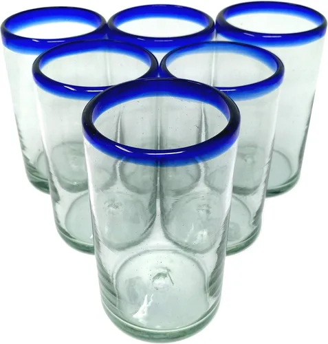 Dos Sueños Hand Blown Mexican Drinking Glasses - Set of 6 Glasses with Cobalt Blue Rims (14 oz each)