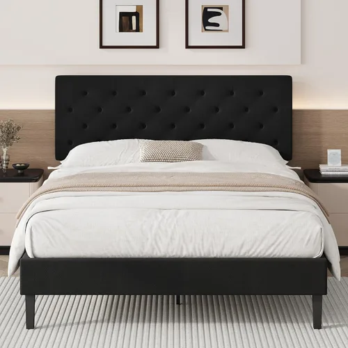 Vista 12 de BarnFurin Base de cama Queen, plataforma tapizada con cabecera capitoné con botones, camas de tela tamaño Queen con soporte de listones de madera