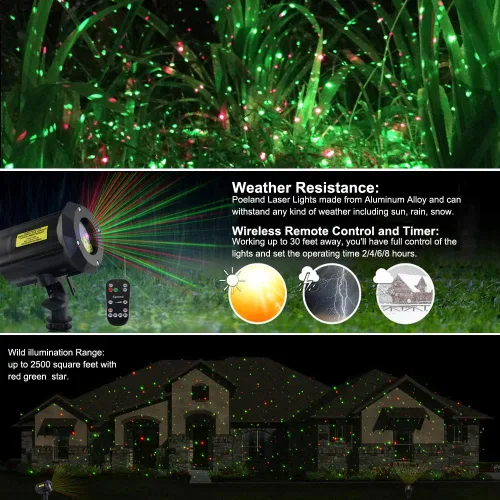 Vista 4 de Poeland Luces de jardín con láser en movimiento Luces de Navidad Proyector de estrellas para el hogar y el jardín