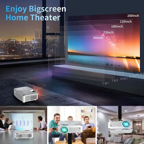 Vista 2 de Proyector con Bluetooth, proyector Native 1080P Full HD con altavoz, 9500 lúmenes para exteriores, portátil, mini proyector de película compatible