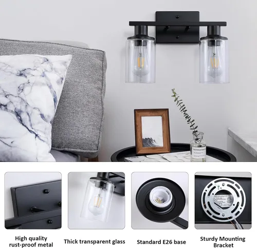 Vista 3 de Paquete de 2 Accesorios de Iluminación de Baño Negro Mate Sobre Espejo, Luz de Tocador de Baño de 2 Luces con Pantalla de Vidrio Transparente
