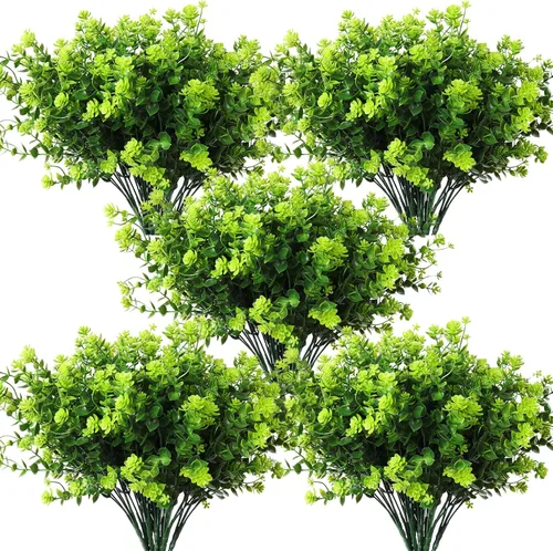 Vista 52 de RECUTMS - 8 ramas de flores artificiales, eucalipto artificial realistas, resiste rayos ultravioleta, para jardín, patio, boda, oficina y casa