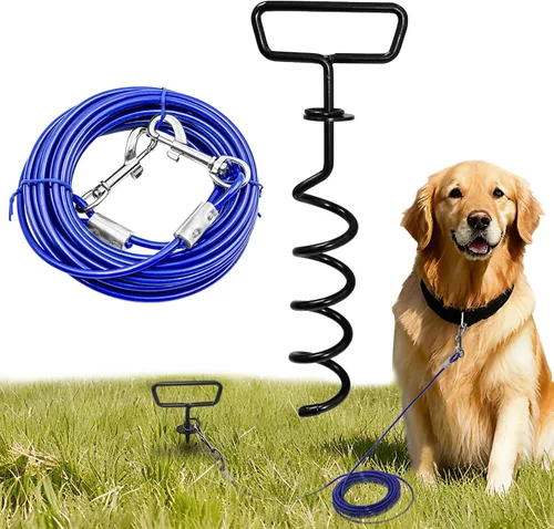 Vista 8 de Cable de amarre y estaca para perros de 34 pies, cadenas de perro resistentes para exteriores con gancho con bloqueo, cables para perros medianos