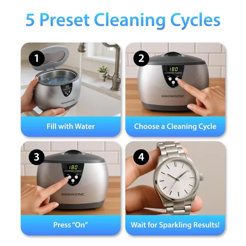 Vista 8 de Limpiador ultrasónico Magnasonic, tanque de acero inoxidable de 20 oz, temporizador digital, 5 modos de limpieza, con solución concentrada
