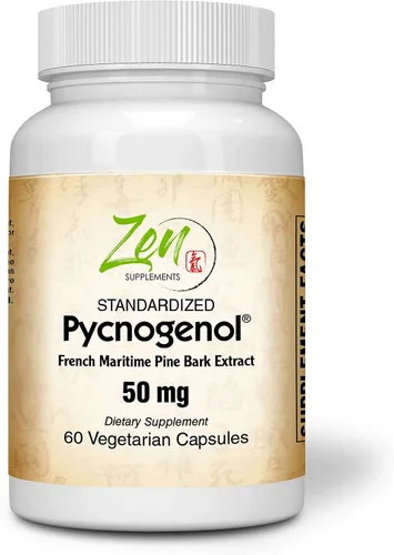 Zen Supplements Pycnogenol 50 mg - Extracto de corteza de pino marítimo francés estandarizado para antioxidante y apoyo a la inflamación, sin OMG,
