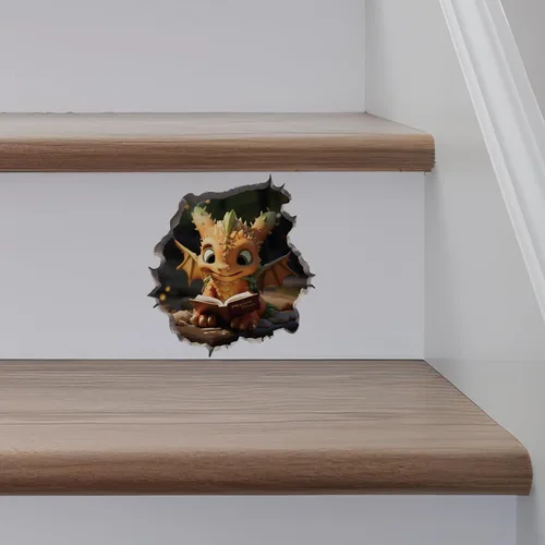 Vista 5 de Calcomanía de dragón leyendo en el agujero de la pared, adhesivo de pared con agujero de ratón con efecto 3D