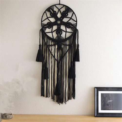 Vista 8 de Tapiz de atrapasueños, bohemio, macramé, tejido de algodón, hecho a mano, arte bohemio con borlas, adorno para dormitorio, sala de estar