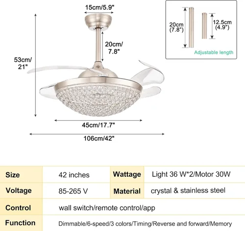 Vista 7 de Ventiladores de techo de cristal de 42 pulgadas, ventilador de techo remoto con luces LED regulables, modernos candelabros de cristal