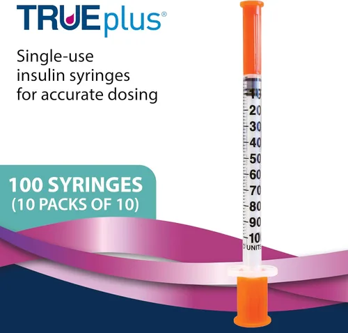 Vista 2 de TRUEplus Jeringas de insulina de un solo uso, 29G 1.0cc 1/2 pulgada de longitud de la aguja, 100 unidades (10 paquetes de 10)