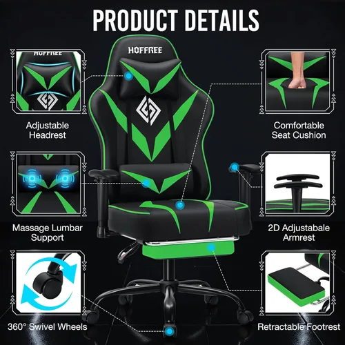 Vista 8 de HOFFREE Massage Gaming Chair for Adults 155° Reclining Computer Gamer Chair with Footrest and Adjustable Armrests Ergonomic Video Game Chairs Green