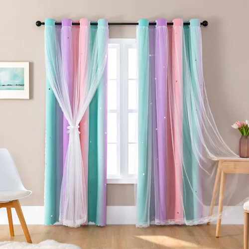 Vista 12 de XiDi Cortinas rosas y grises para dormitorio de niñas, calcomanías de pared de unicornio, cortina verde, cortinas de oscurecimiento de habitación