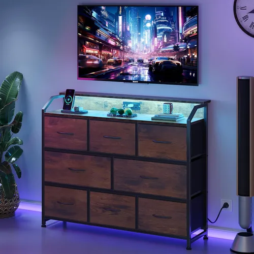 Vista 2 de DUMOS Mueble de TV con 8 cajones de tela, cómoda de 8 cajones con control de aplicación luces LED y estación de carga tipo C, torre de Marrón