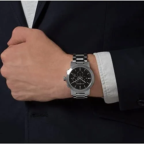 Vista 4 de BURBERRY Reloj de pulsera de acero inoxidable con cuadros grandes BU9351 para mujer, PlataNegro, Cronógrafo