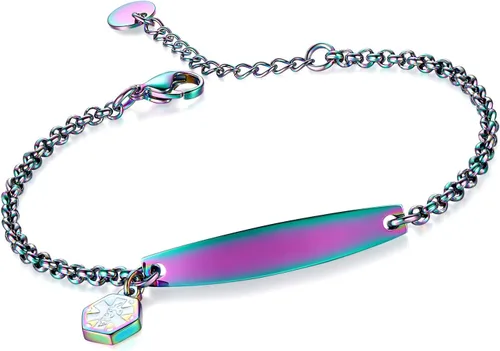 LinnaLove - Pulsera de identificación de alerta médica con cadena Rolo simple pregrabada para mujer