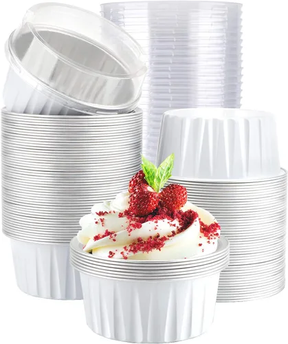 Vista 31 de EUSOAR Vasos para cupcakes con tapas, paquete de 50 forros para magdalenas de 5 onzas de colores surtidos, moldes desechables de papel de aluminio