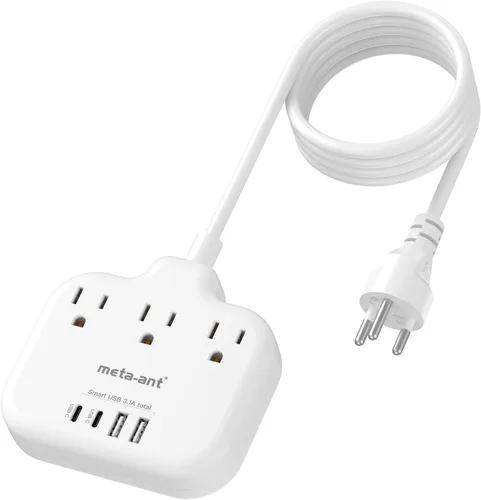 Vista 9 de Adaptador de Enchufe de Sudáfrica, Adaptador Tipo M para Sudáfrica con 3 Tomas de CA y 4 Puertos USB (2 USB C) 15.5W, Cable de Extensión de 3FT