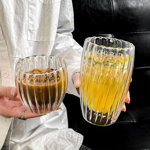 Vista 4 de Set of 4 Double Walled Glass Coffee Cups, 2 Thermo Espresso Glasses 9oz & 2 Ribbed Glassware 15oz, Fluted Dsesign, Insulated Coffee Mugs, for Iced