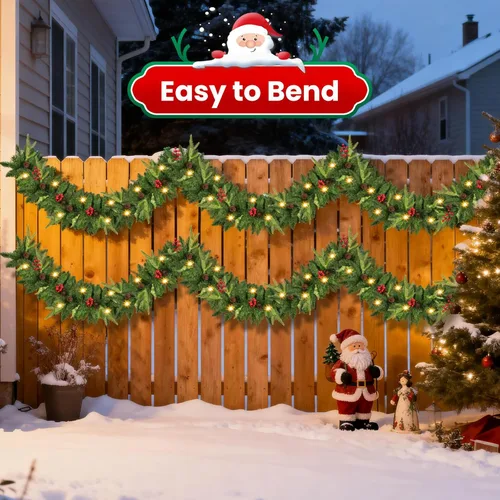 Vista 6 de Guirnalda de Navidad, Guirnalda de Navidad Preencendida de 9 pies con Luces, Funciona con Baterías con Piñas y Bayas Rojas, Vegetación Artificial