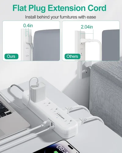 Vista 4 de Cable de extensión plano de 20 pies, múltiples tomacorrientes, protector de sobretensiones, 8 salidas de CA, 3 USB de carga rápida (3.4 A 17 W)