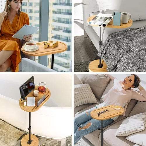 Vista 8 de NiHome Mesa giratoria de bambú para reposabrazos para sofá con base estable gruesa, mesa auxiliar de bandeja de TV de altura ajustable con rotación