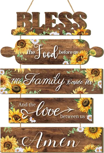 Sintuff Girasol Decoración de Pared de Cocina Letrero de Madera de Granja "Bendiga los Alimentos que Están Delante Nuestro" Arte de Pared Rústico