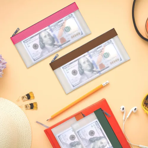 Vista 6 de VOCHIC Juego de 4 bolsas multiusos para dinero, sobres transparentes con cremallera, bolsas de dinero de 7.6 x 3.7 pulgadas, bolsas de dinero con 4