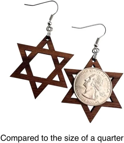 Vista 2 de Star of David Natural Solid Walnut Wood Cutout Earrings Jewish Star Size Medium 1.75