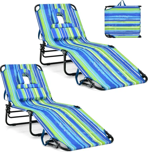 Vista 16 de GYMAX Silla de bronceado, silla de playa de 350 libras con agujero para la cara, almohada lavable y correa de transporte, tumbona plegable