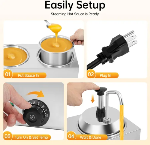 Vista 5 de Dispensador de doble calentador de salsa con bomba, calentador de salsa de queso nacho de acero inoxidable de 2.64 cuartos de galón con control