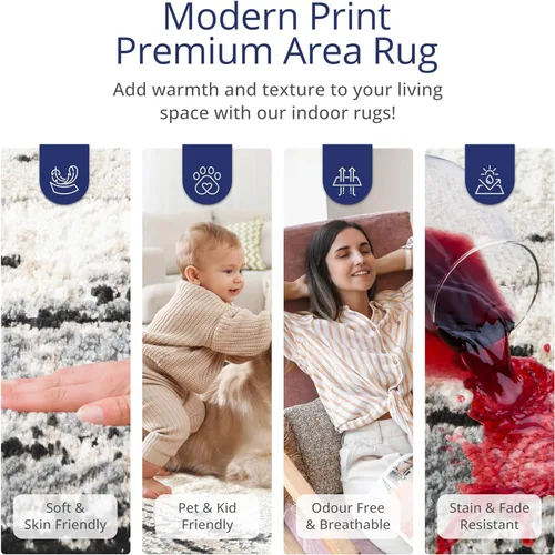 Vista 4 de Abani Alfombra marfil para sala de estar, dormitorio, patrón abstracto, duradera y fácil de limpiar (2 x 3 pies)