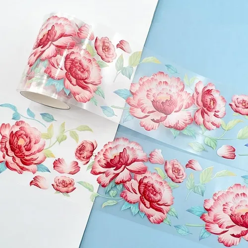 Vista 13 de Cinta washi de rosa para collage original de flores, creatividad, hecha a mano, para libro de diario, material PET con efecto láser (90395)