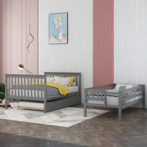 Vista 4 de Literas para niños con escalera, literas de madera maciza con barandilla completa