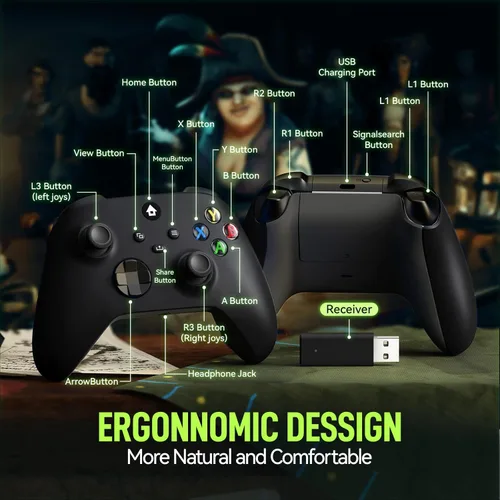 Vista 2 de JORREP Xbox Controller inalámbrico para Xbox One, Xbox One SX, consolas Xbox Series XS, PC Windows, adaptador inalámbrico de 2.4 GHz con auriculares