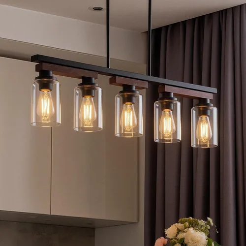Vista 10 de Iluminación de isla de cocina de 5 luces y accesorios de luz de comedor de granja sobre mesa, colgante de techo rústico ajustable colgante lineal