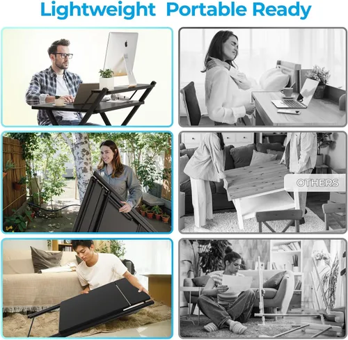 Vista 4 de GreenForest Escritorio plegable sin montaje, escritorio compacto de 2 niveles para computadora con estante, mesa plegable que ahorra espacio