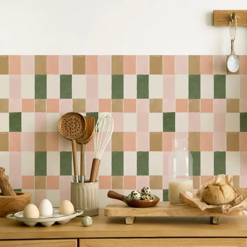 Vista 7 de 10 azulejos de vinilo autoadhesivos retro rosa y verde, despegar y pegar, para salpicaduras de cocina y baño, suelo de escaleras, fácil de quitar