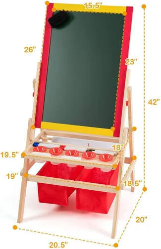 Vista 7 de HONEY JOY Caballete para niños, caballete de madera de doble cara con pizarra magnética y pizarra blanca, rollo de papel, accesorios de pintura