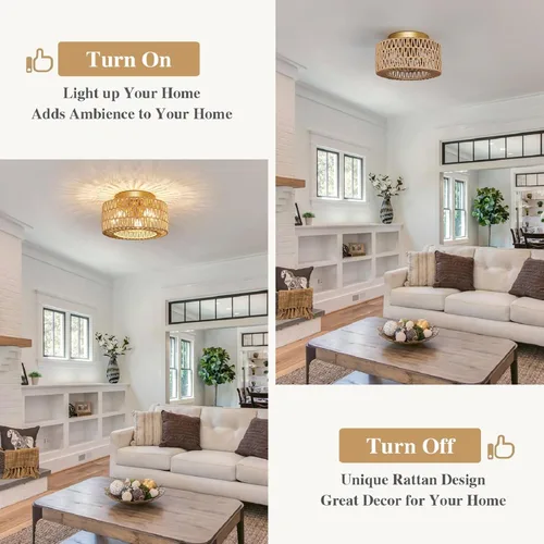 Vista 3 de Lámparas de techo de ratán, montaje en techo, 3 luces, lámpara de techo de montaje empotrado estilo boho, lámpara de sombra de jaula tejida a mano