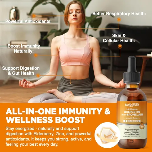 Vista 4 de Quercetina liposomal con gotas líquidas de bromelina, 8 en 1 quercetina orgánica 1000 mg suplementos con bromelina 500 mg, vitamina C, D3, zinc