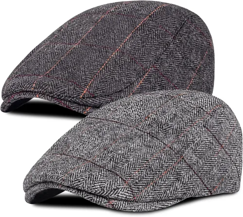 Paquete de 2 sombreros de periódico para hombre, diseño clásico de espiga de tweed, mezcla de lana, gorra plana Ivy Cabbie