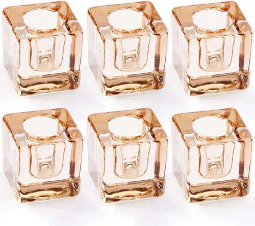Vista 9 de 2 piezas de portavelas de vidrio cuadrado oscuro marrón para centro de mesa. Juego de portavelas decorativos de cristal. Portavelas para boda, cena