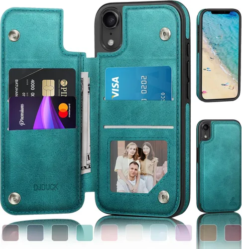 Vista 13 de DJDUCK Funda diseñada para iPhone XR con tarjetero y cierre magnético, protección de piel con bloqueo RFID, a prueba de golpes, para mujeres y Azul