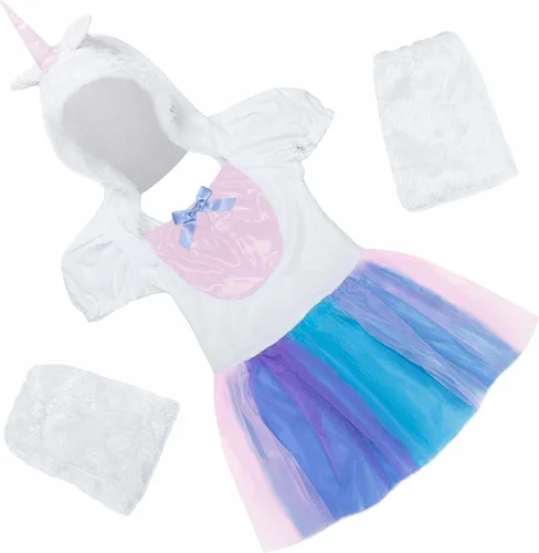 Vista 4 de Disfraz de unicornio de Halloween para mujer, incluye vestido, calentadores de piernas y accesorio para la cabeza, Disfraz de unicornio mágico
