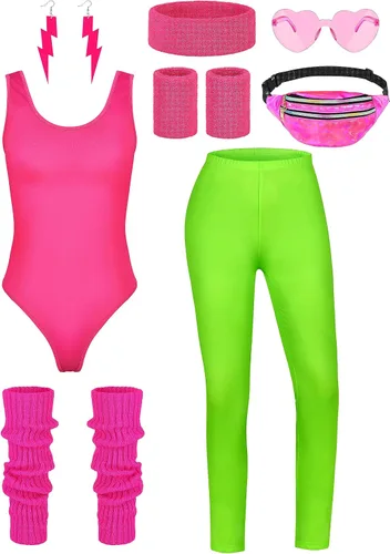 AOTHSO 8 piezas de disfraz de entrenamiento de los años 80 para mujer, conjunto de accesorios de Halloween de los años 90, leotardo, bolsa de bum,