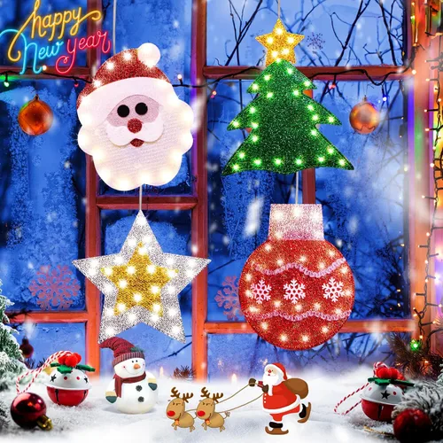 Luces de decoración de ventana de Navidad, silueta de ventana de Navidad, letrero iluminado, luces de ventana a pilas con gancho de ventosa para